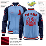 Custom Light Blue Red-Navy Bomber Varsity Letterman Two Tone Zipper Jacket