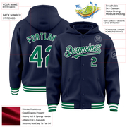 Custom Navy Kelly Green-White Bomber Full-Snap Varsity Letterman Hoodie Jacket