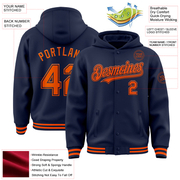 Custom Navy Orange Bomber Full-Snap Varsity Letterman Hoodie Jacket