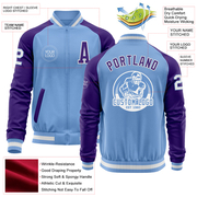 Custom Light Blue White-Purple Bomber Varsity Letterman Two Tone Zipper Jacket