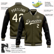 Custom Olive Cream-Black Bomber Full-Snap Varsity Letterman Two Tone Salute To Service Jacket