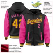 Custom Black Gold-Pink Bomber Full-Snap Varsity Letterman Two Tone Hoodie Jacket