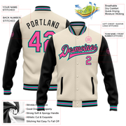 Custom Cream Pink Black-Aqua Bomber Full-Snap Varsity Letterman Two Tone Jacket