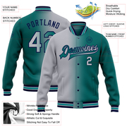 Custom Teal Gray-Navy Bomber Full-Snap Varsity Letterman Gradient Fashion Jacket