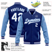 Custom Royal White-Light Blue Bomber Full-Snap Varsity Letterman Two Tone Jacket