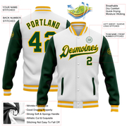 Custom White Green-Gold Bomber Full-Snap Varsity Letterman Two Tone Jacket
