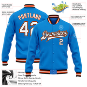 Custom Powder Blue White Black-Orange Bomber Full-Snap Varsity Letterman Jacket