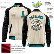 Custom Cream Teal-Black Bomber Varsity Letterman Two Tone Zipper Jacket