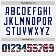 Custom White Navy Pinstripe Vintage USA Flag Bomber Full-Snap Varsity Letterman Jacket