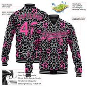 Custom Gray Pink-Black Leopard Print 3D Pattern Design Bomber Full-Snap Varsity Letterman Jacket
