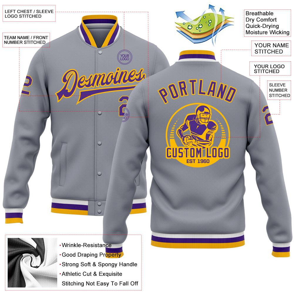 Custom Gray Purple-Gold Bomber Full-Snap Varsity Letterman Jacket