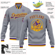 Custom Gray Purple-Gold Bomber Full-Snap Varsity Letterman Jacket