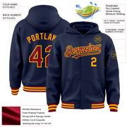Custom Navy Crimson-Gold Bomber Full-Snap Varsity Letterman Hoodie Jacket