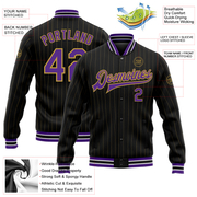 Custom Black Old Gold Pinstripe Purple-White Bomber Full-Snap Varsity Letterman Jacket