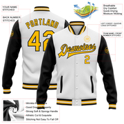 Custom White Gold-Black Bomber Full-Snap Varsity Letterman Two Tone Jacket