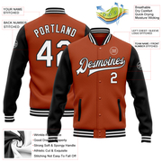 Custom Texas Orange White-Black Bomber Full-Snap Varsity Letterman Two Tone Jacket