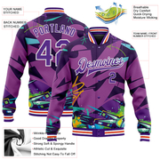 Custom Graffiti Pattern Purple-White Trendy Abstract Urban Street Art 3D Bomber Full-Snap Varsity Letterman Jacket
