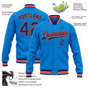 Custom Powder Blue Royal-Orange Bomber Full-Snap Varsity Letterman Jacket