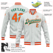 Custom White Kelly Green Pinstripe Orange-Kelly Green Bomber Full-Snap Varsity Letterman Jacket