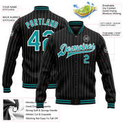 Custom Black White Pinstripe Teal Bomber Full-Snap Varsity Letterman Jacket