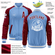 Custom Light Blue White-Crimson Bomber Varsity Letterman Two Tone Zipper Jacket