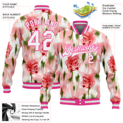 Custom Pink White Fuzzy Rose Art 3D Pattern Design Bomber Full-Snap Varsity Letterman Jacket