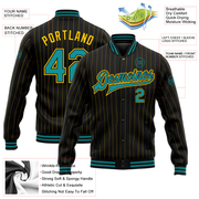 Custom Black Yellow Pinstripe Teal Bomber Full-Snap Varsity Letterman Jacket