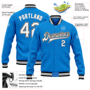 Custom Powder Blue White Black-Gray Bomber Full-Snap Varsity Letterman Jacket