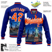 Custom Royal Orange-White Statue Of Liberty New York City Edition 3D Bomber Full-Snap Varsity Letterman Jacket