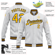 Custom White Navy Pinstripe Gold Bomber Full-Snap Varsity Letterman Jacket