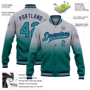 Custom Gray Teal-Navy Bomber Full-Snap Varsity Letterman Fade Fashion Jacket