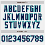 Custom White Navy Pinstripe Gray-Teal Bomber Full-Snap Varsity Letterman Jacket