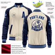 Custom Cream Light Blue-Navy Bomber Varsity Letterman Two Tone Zipper Jacket