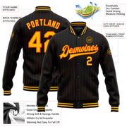 Custom Black Orange Pinstripe Gold Bomber Full-Snap Varsity Letterman Jacket