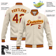 Custom Cream Crimson-Gold Bomber Full-Snap Varsity Letterman Jacket