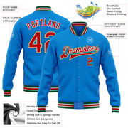 Custom Powder Blue Red-Kelly Green Bomber Full-Snap Varsity Letterman Jacket