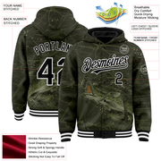 Custom Olive Black-White Largemouth Bass Fish Fishing 3D Bomber Full-Snap Varsity Letterman Hoodie Jacket
