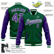 Custom Kelly Green Purple-White Bomber Full-Snap Varsity Letterman Two Tone Jacket