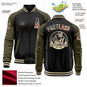 Custom Black Vintage USA Flag Olive-Cream Bomber Varsity Letterman Two Tone Zipper Jacket