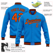 Custom Powder Blue Orange-Black Bomber Full-Snap Varsity Letterman Jacket