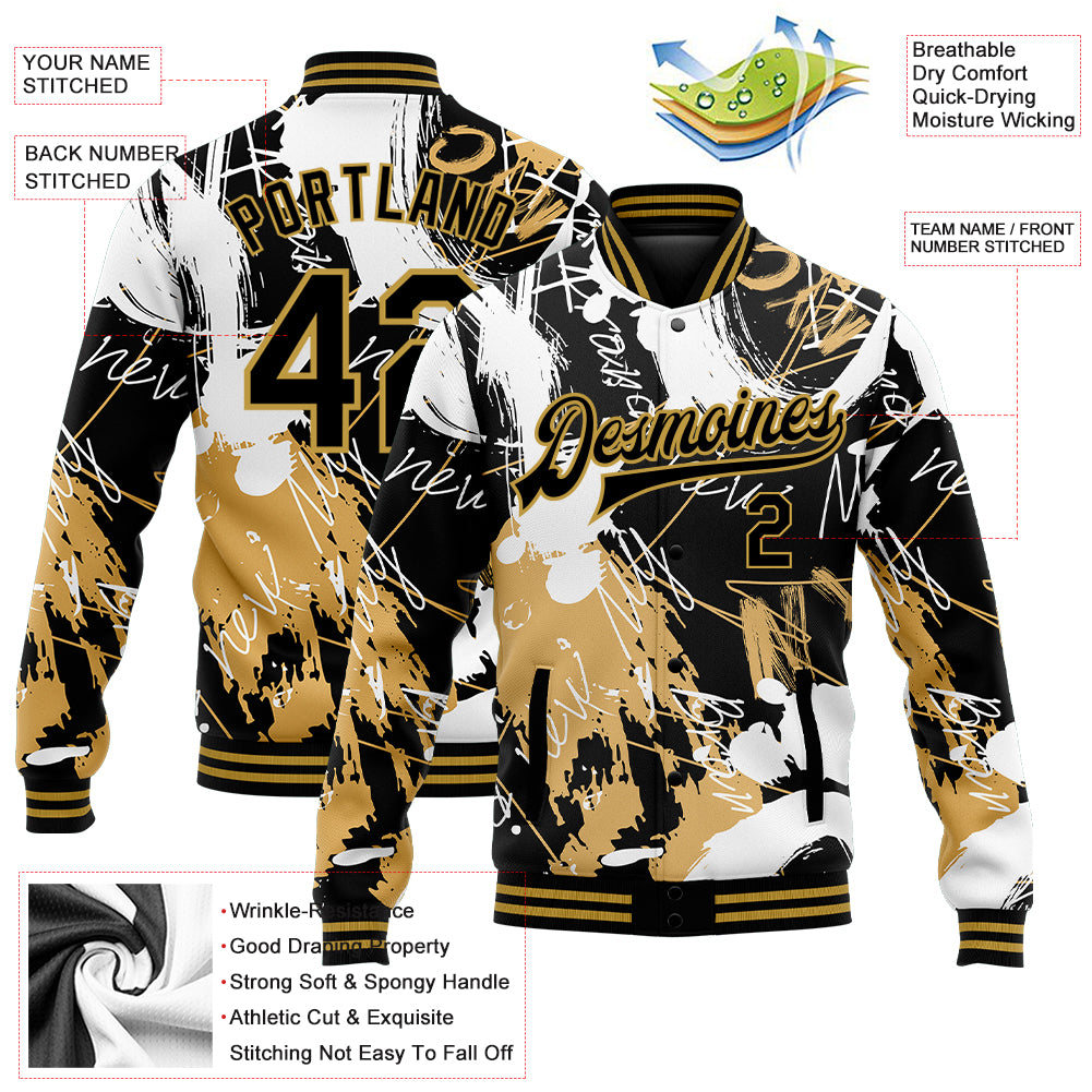 Custom Graffiti Pattern Black-Old Gold Grunge Art 3D Bomber Full-Snap Varsity Letterman Jacket
