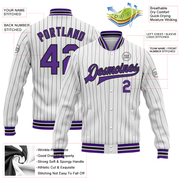 Custom White Black Pinstripe Purple Bomber Full-Snap Varsity Letterman Jacket