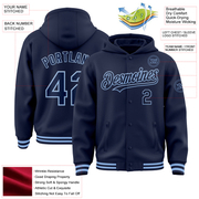 Custom Navy Light Blue Bomber Full-Snap Varsity Letterman Hoodie Jacket