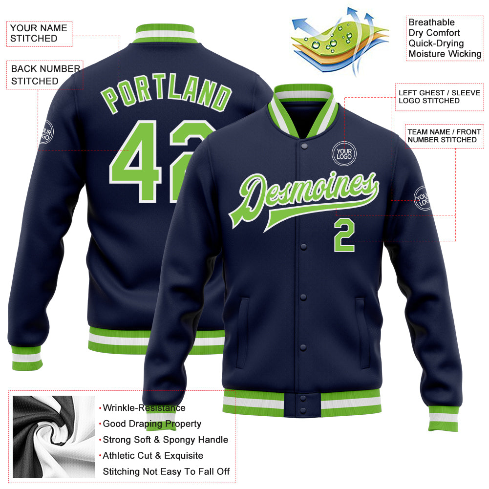 Custom Navy Neon Green-White Bomber Full-Snap Varsity Letterman Jacket