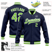 Custom Navy Neon Green-White Bomber Full-Snap Varsity Letterman Jacket