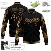 Custom Black Old Gold Horse Camo Sleeves 3D Pattern Design Bomber Full-Snap Varsity Letterman Jacket