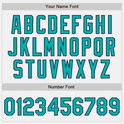 Custom White Navy Pinstripe Aqua Bomber Full-Snap Varsity Letterman Jacket