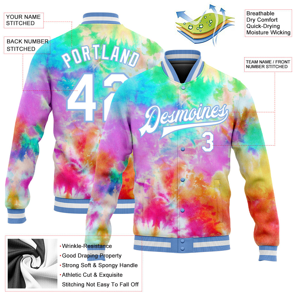 Custom Tie Dye White-Light Blue Rainbow 3D Bomber Full-Snap Varsity Letterman Jacket