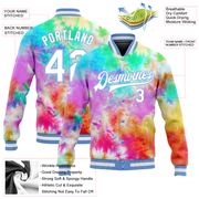 Custom Tie Dye White-Light Blue Rainbow 3D Bomber Full-Snap Varsity Letterman Jacket