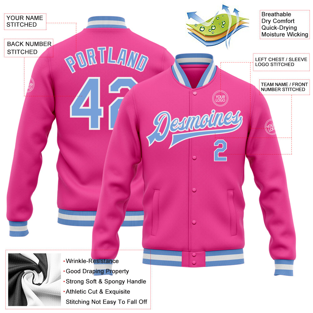 Custom Pink Light Blue-White Bomber Full-Snap Varsity Letterman Jacket